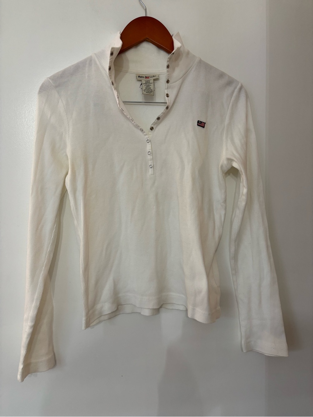Vintage White Polo Jeans Co. Henley Ribbed Cotton Long Sleeve Tee Size Medium